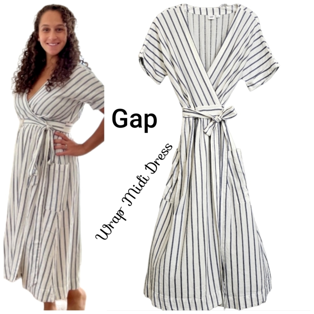 Nwot Gap White /Navy Linen Blend Stripe Shortsleeve Wrap Midi Dress w/Pockets
